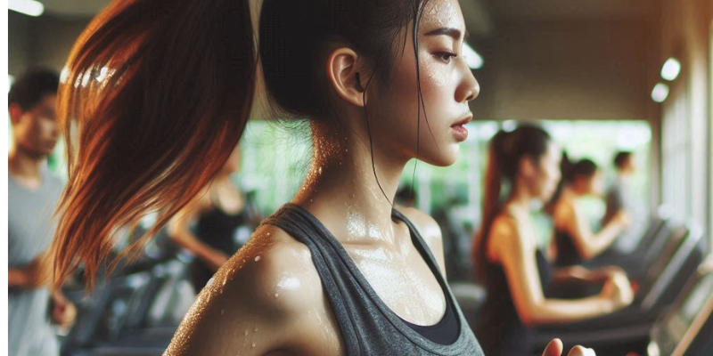 Desarrollo de la fuerza y la resistencia: Más allá del cardio, mujer asiática corriendo en una cinta de correr en el gimnsasio