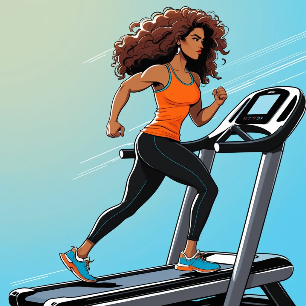 Una ilustración dinámica en estilo de dibujos animados de una mujer decidida en una cinta de correr para bajar de peso
